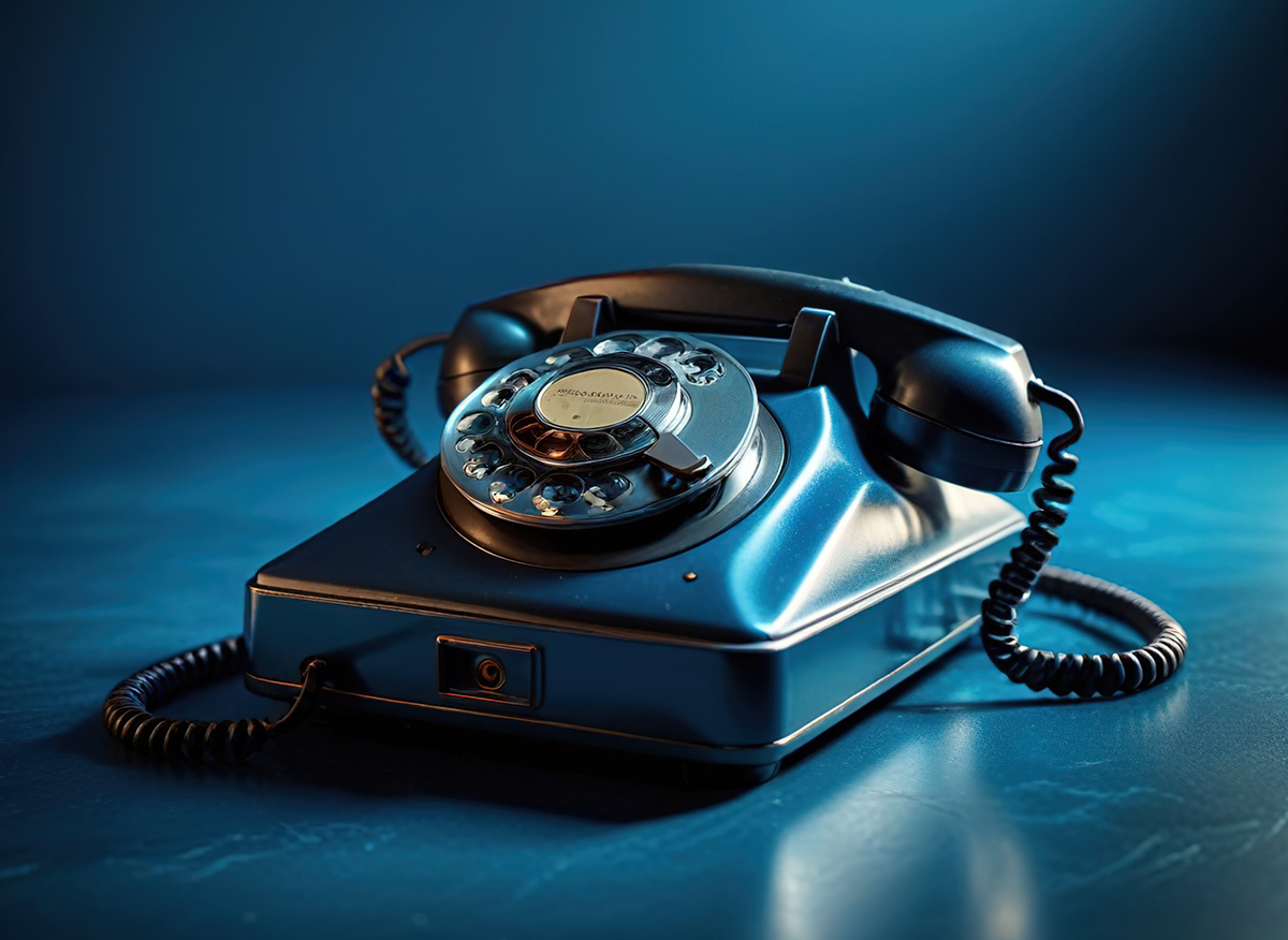 Ein altes Telefon mit Wählscheibe im Spotlight auf einer glatten, spiegelnden Oberfläche und einem Hintergrund mit blauem Verlauf